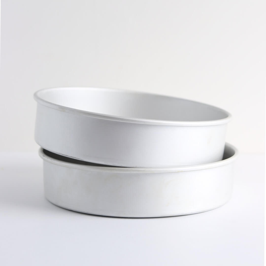 8-inch cake pans sit on a white background.