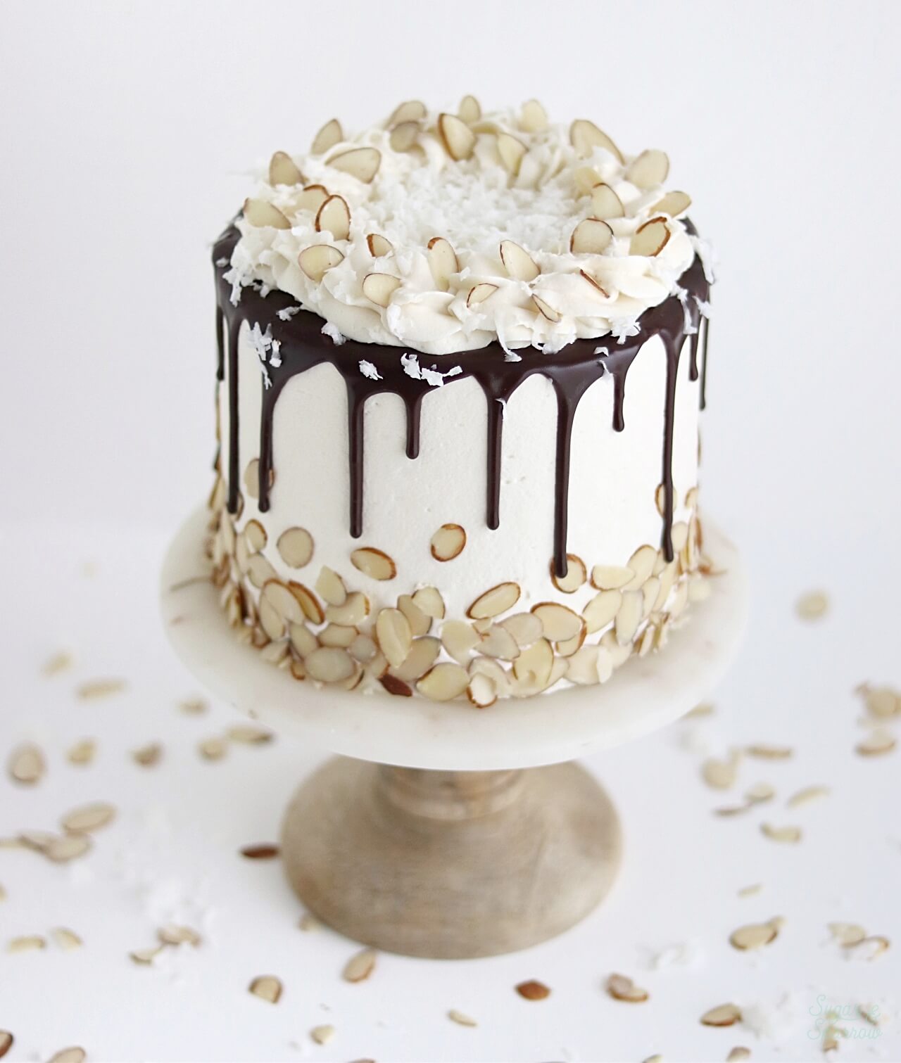 coconut almond cake with chocolate ganache