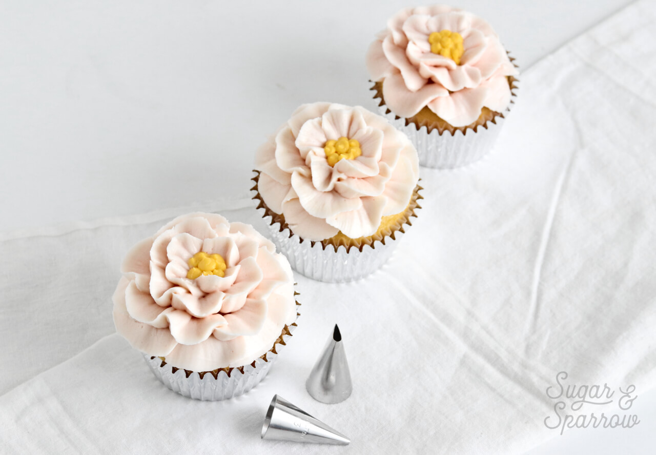 buttercream camellia cupcakes by Sugar and Sparrow