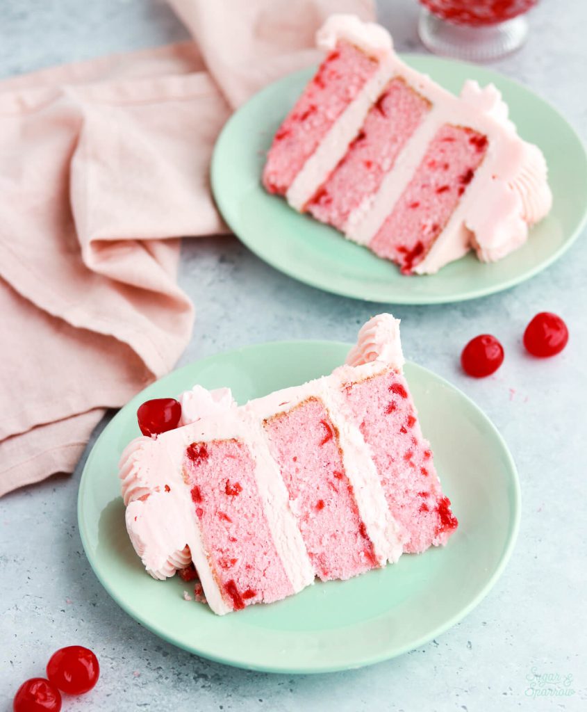 Cherry Chip Cake recipe with cherry almond buttercream