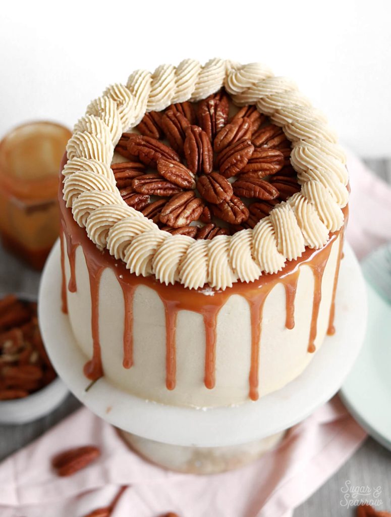 Salted caramel pecan pie cake recipe by sugar and sparrow