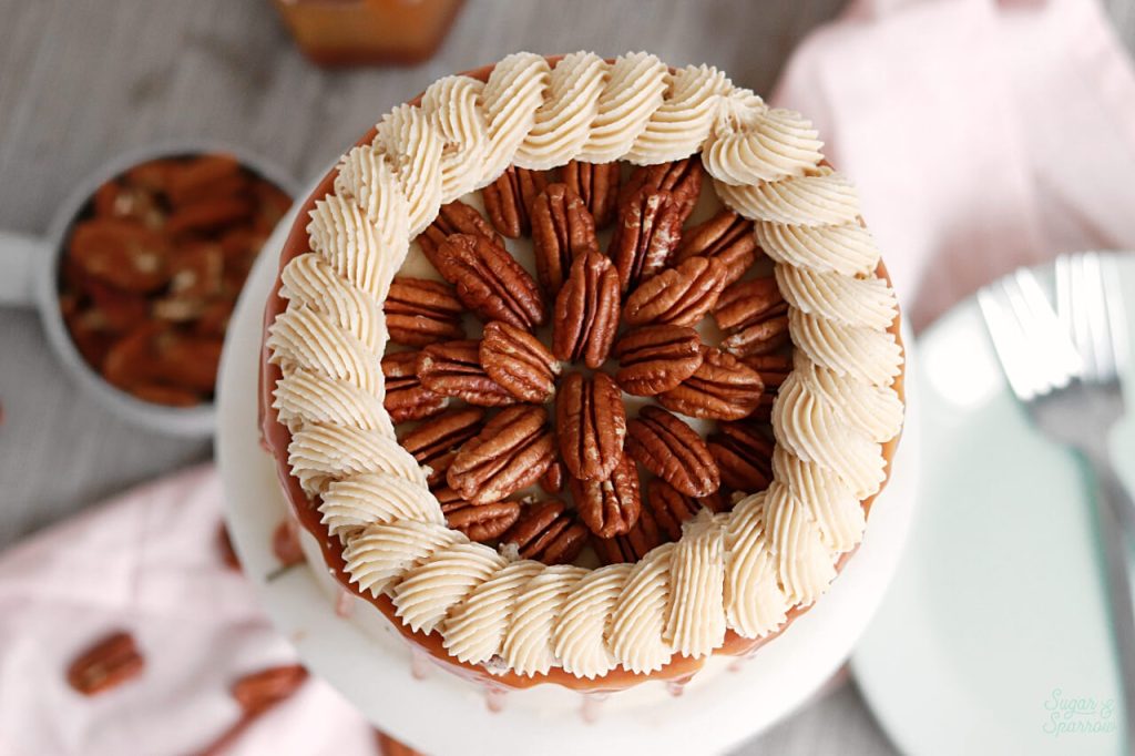 pecan pie cake recipe by sugar and sparrow