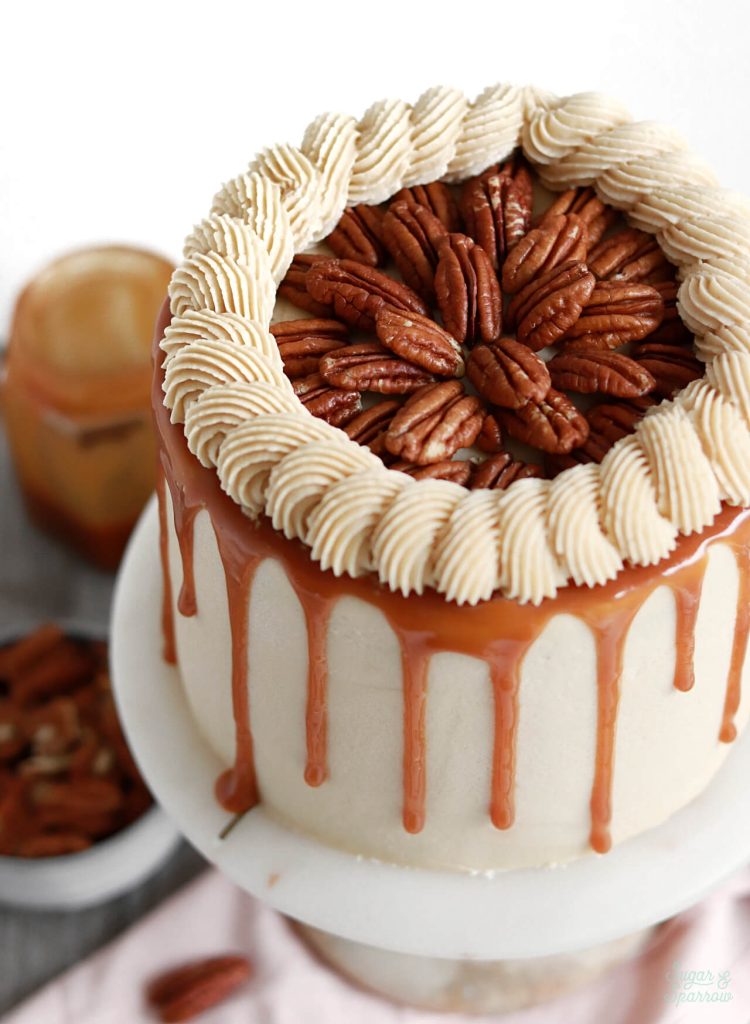 pecan pie cake recipe with salted caramel drip and brown sugar buttercream