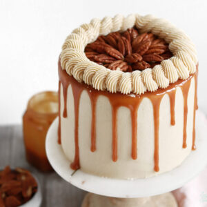 chocolate caramel pecan pie cake recipe by sugar and sparrow