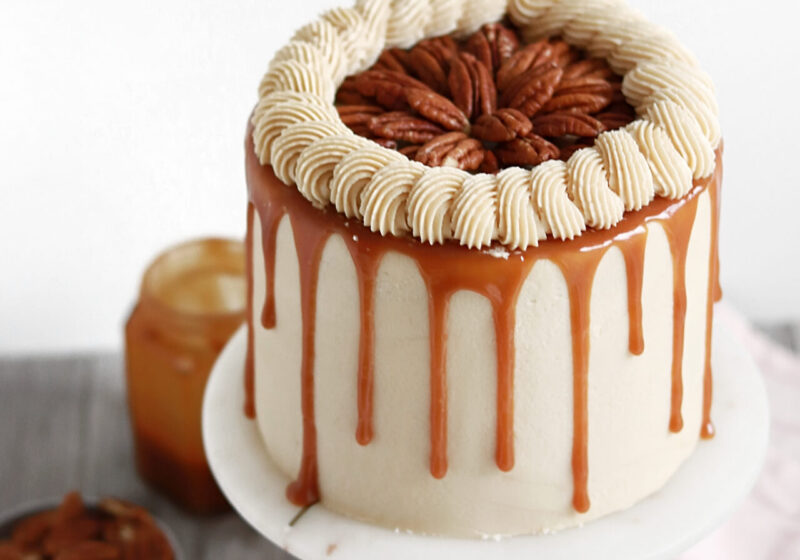 chocolate caramel pecan pie cake recipe by sugar and sparrow