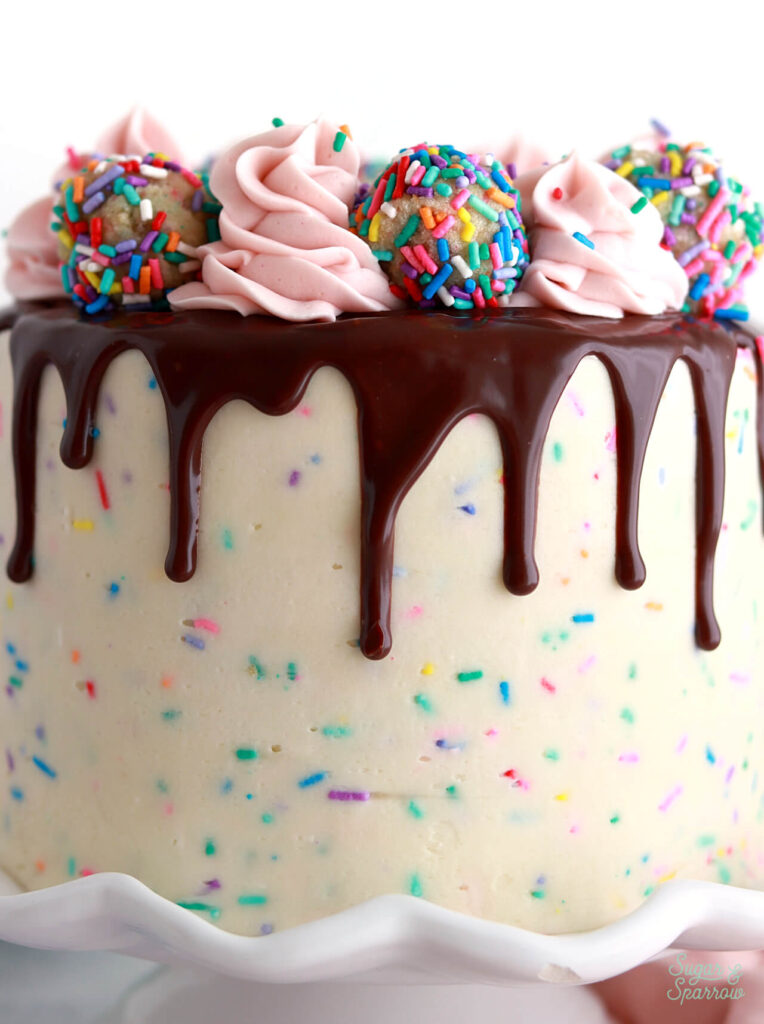 funfetti birthday cake recipe with chocolate ganache drip