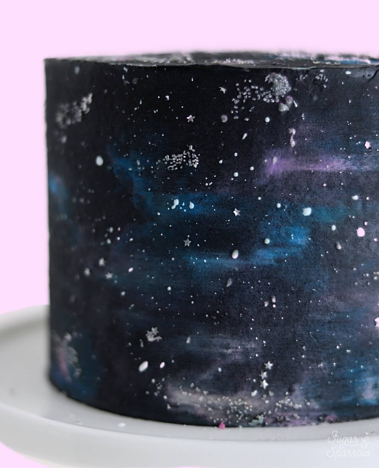 galaxy cake finish with silver star sprinkles