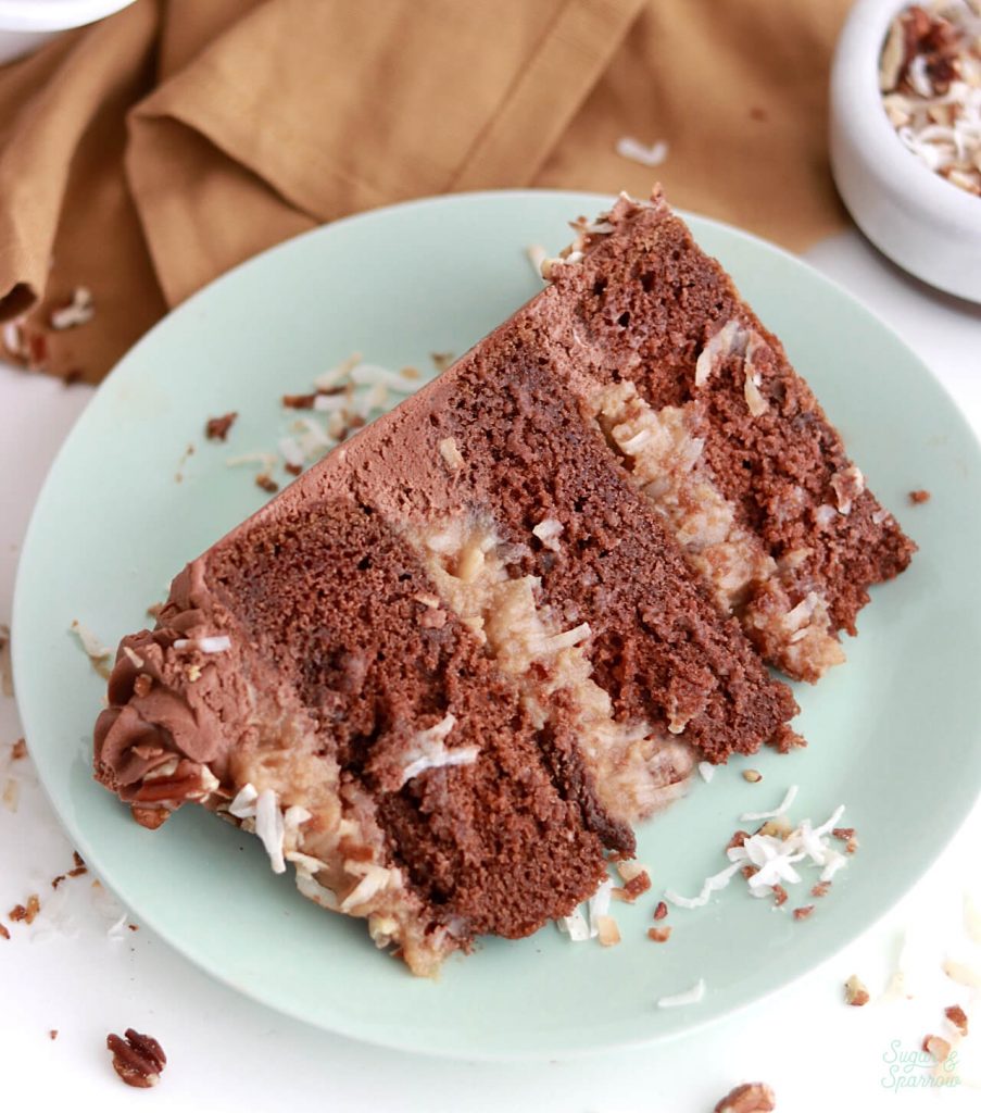 german chocolate cake with coconut caramel pecan frosting