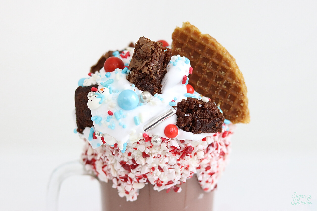 hot cocoa with stroopwafels, brownies, sprinkles