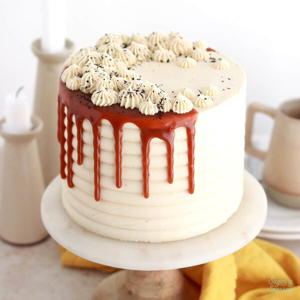 London fog cake recipe with earl grey buttercream and salted caramel drip