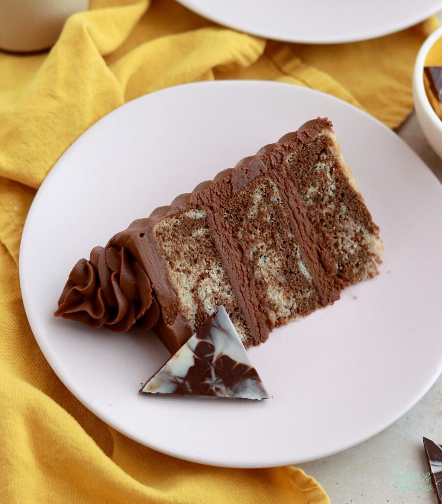 chocolate vanilla marble cake by sugar and sparrow