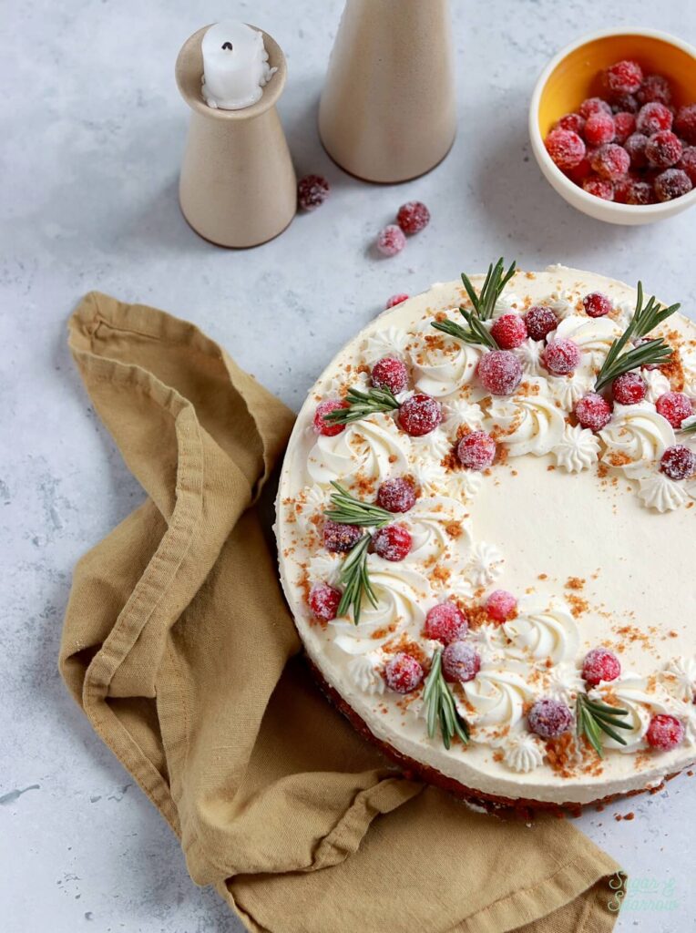 no bake eggnog cheesecake with biscoff cookie crust and eggnog whipped cream