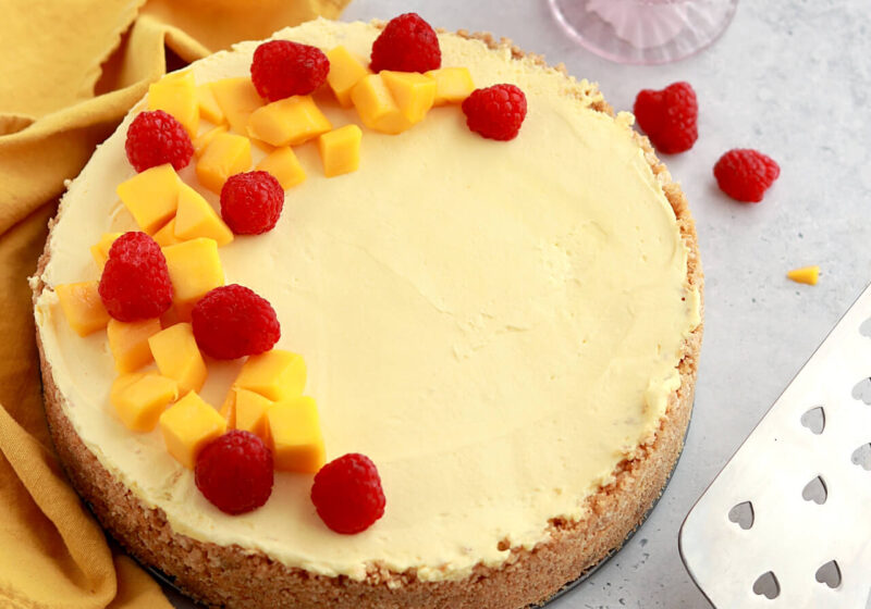 no bake mango cheesecake by sugar and sparrow