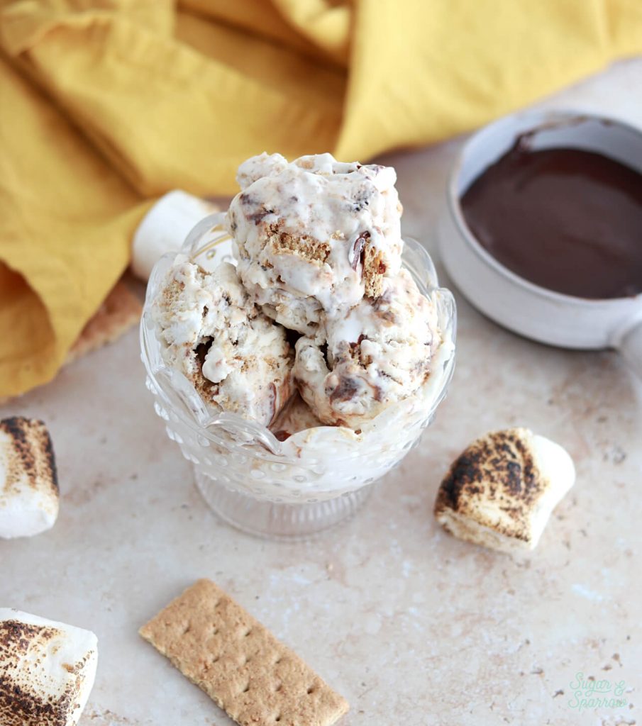 smores ice cream with graham crackers and toasted marshmallows