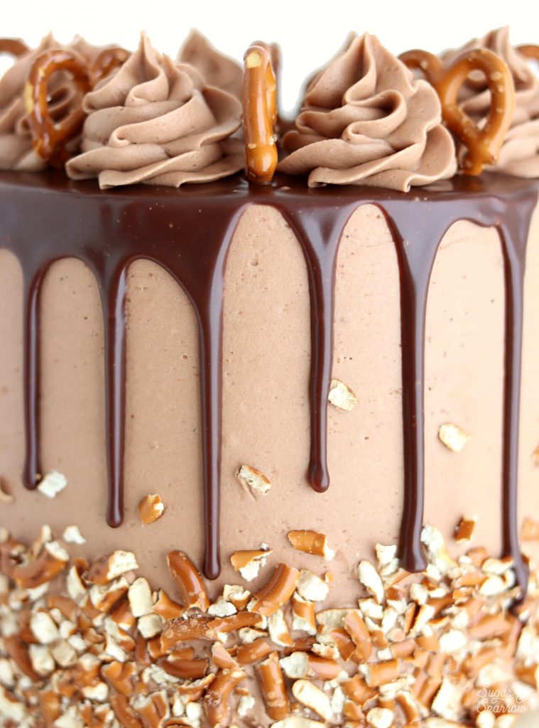 pretzel nutella cake with nutella ganache drip