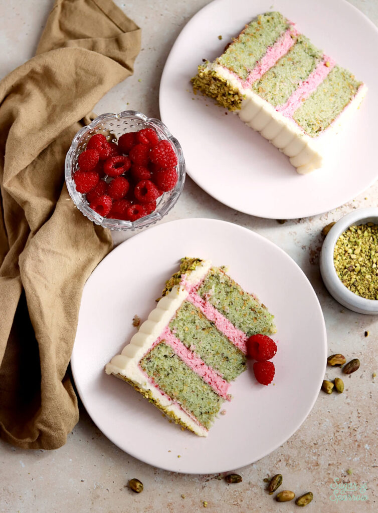 pistachio cake with raspberry filling and mascarpone buttercream