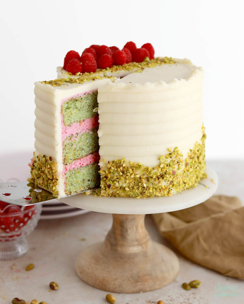 raspberry pistachio cake with mascarpone frosting