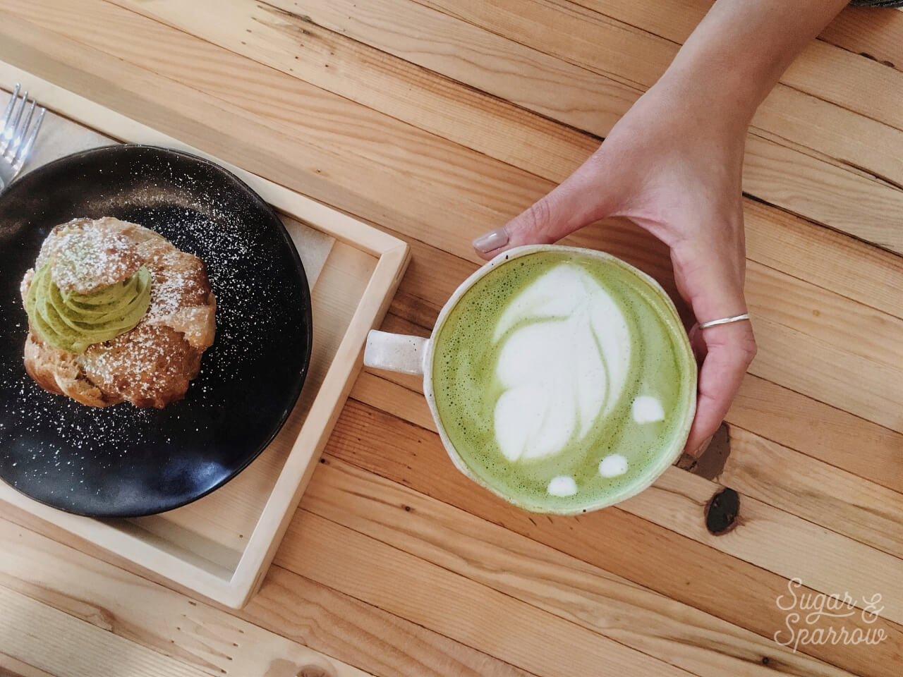 stonemill matcha latte and matcha cream puff