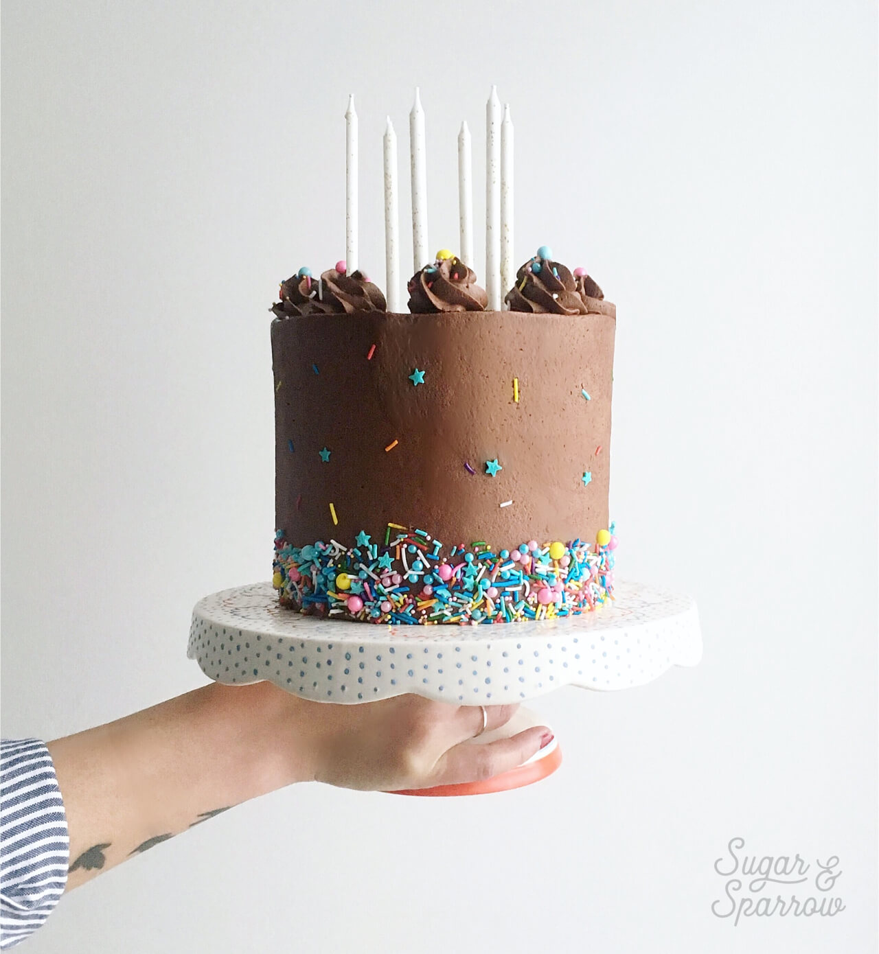 chocolate cake with fancy sprinkles by sugar and sparrow