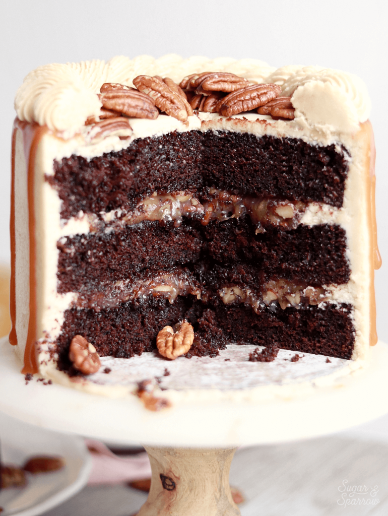 chocolate pecan pie cake recipe with pecan pie filling and salted caramel