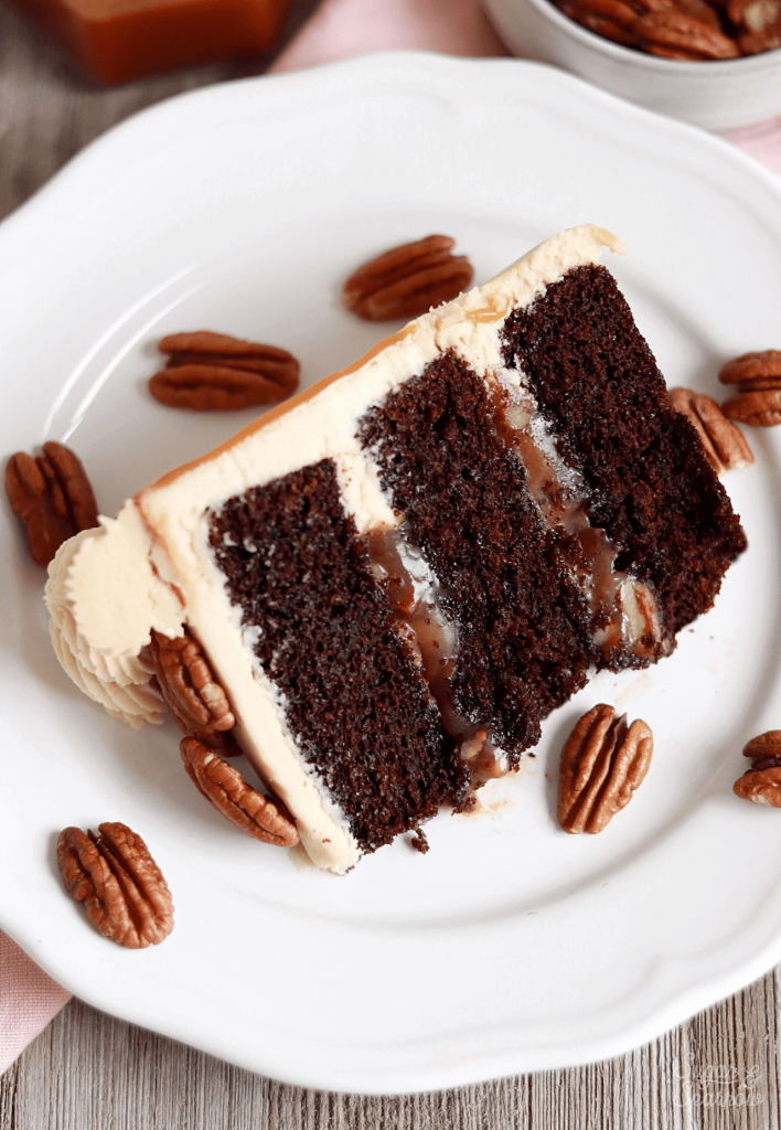 chocolate cake with pecan filling and salted caramel